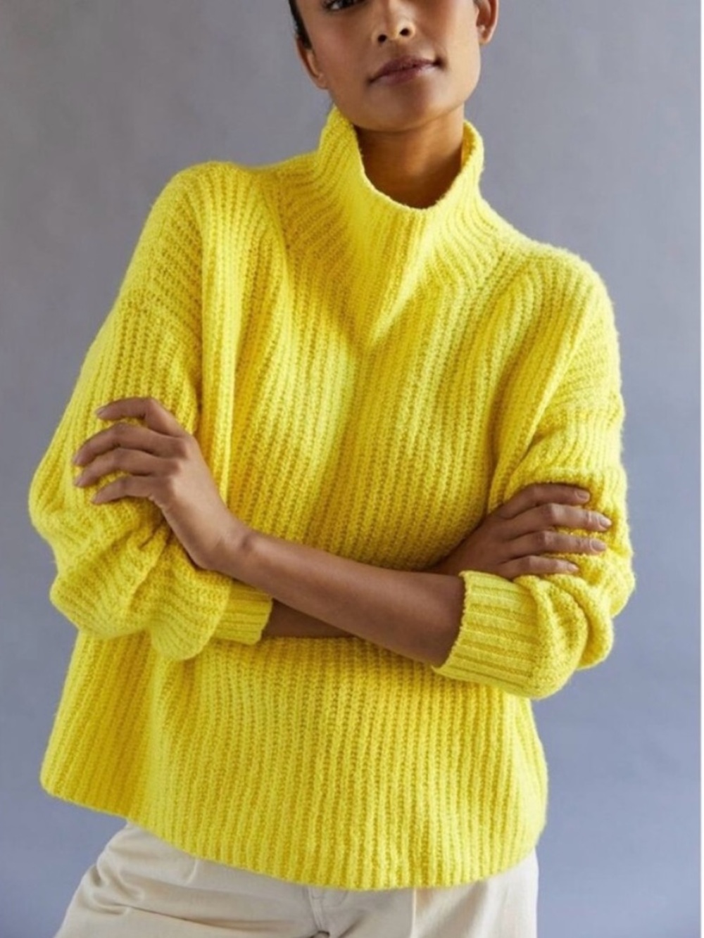 Anthropologie Maeve electric yellow funnel neck sweater mini skirt set wool yak - Picture 14 of 14